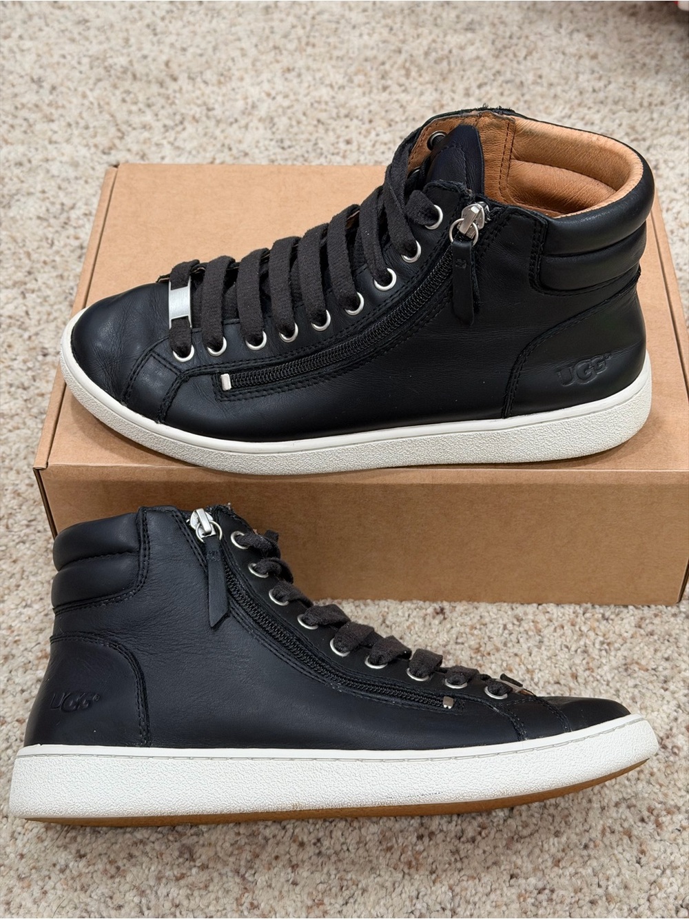 UGG Olive Black Leather High-Top Sneakers, Side Zip, Sz 8.5